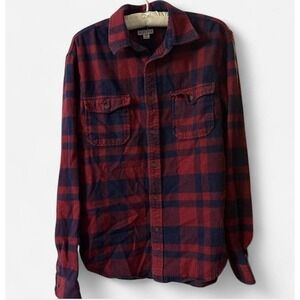 Merona Men's M Gorpcore Red/Blue Plaid Point Collar Flannel LS Button-Up Pockets